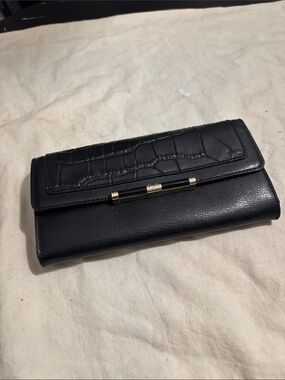 Diane Von Furstenberg Black Croc-Trim Fold Wallet with Gold Accent